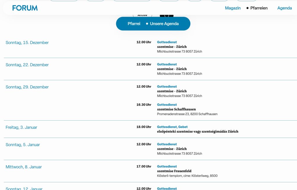 A forum-magazin.ch naptára a magyar szentmisék időpontjaival